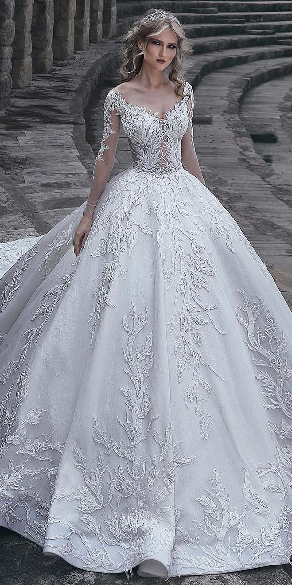 lace ball gown wedding dresses with illusion long sleeves floral appliques toumajean couture