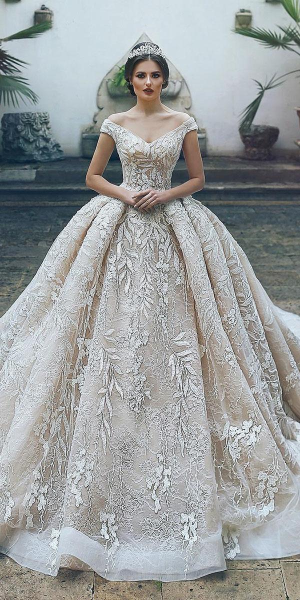 lace ball gown wedding dresses off the shoulder floral champagne said mhamad photography