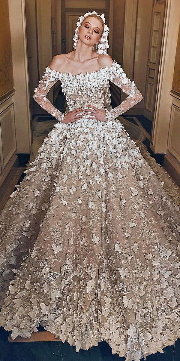 lace ball gownwedding dresses with sleeeves off the shoulder 3d floral champagne sadek majed couture