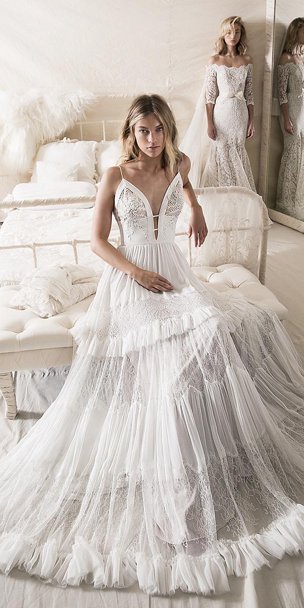 lihi hod wedding dresses 2018 a line with spaghetti straps with ruffled skirt floral details