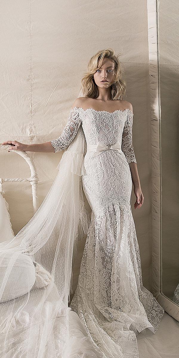 lihi hod wedding dresses 2018 mermaid with sleeves off the shoulder with bow
