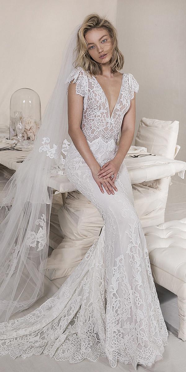 lihi hod wedding dresses 2018 sheath plunging neckline with cap sleeves lace embellishment
