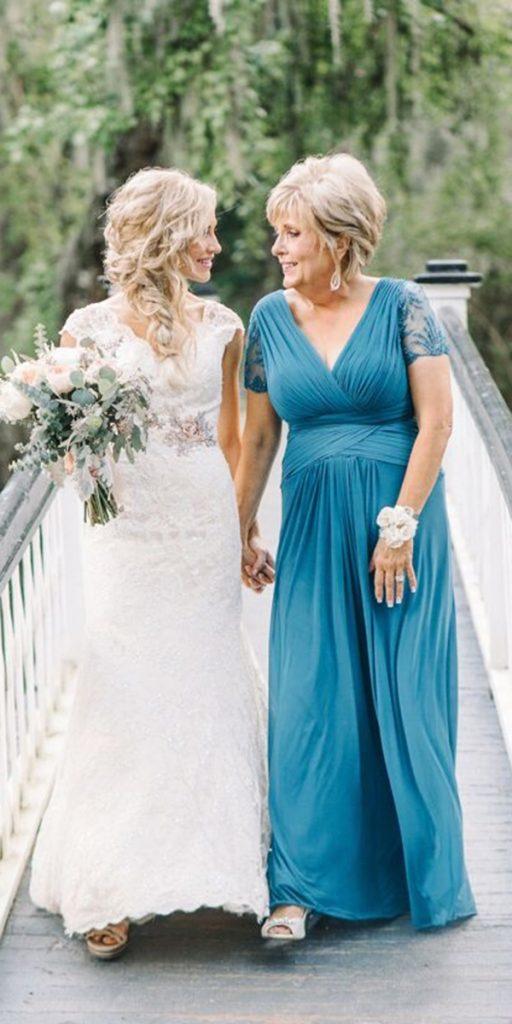  long mother of the bride dresses blue with cap sleeves v neckline simple aaron and jillian