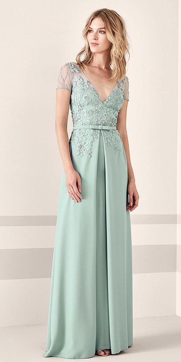 long mother of the bride dresses plunging neckline with cap sleeves green pronovias