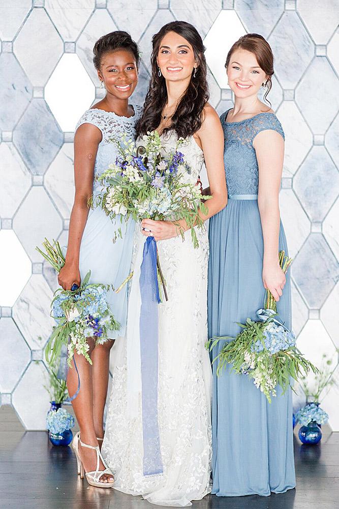mismatched bridesmaid dresses lace top short long blue davids bridal