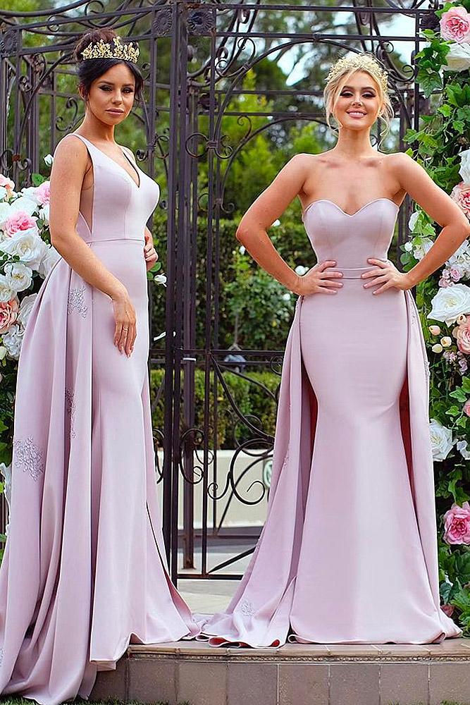 mismatched bridesmaid dresses sweetheart jewel v neckline overskirt purple doll house bridesmaids