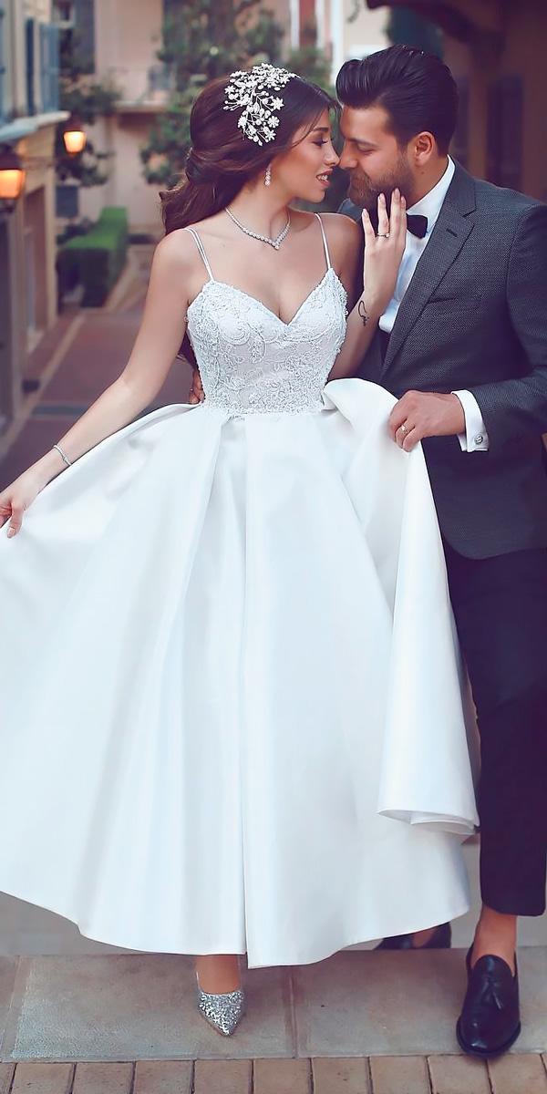 modern sweetheart neck lace with straps tea length wedding dresses said mhamad
