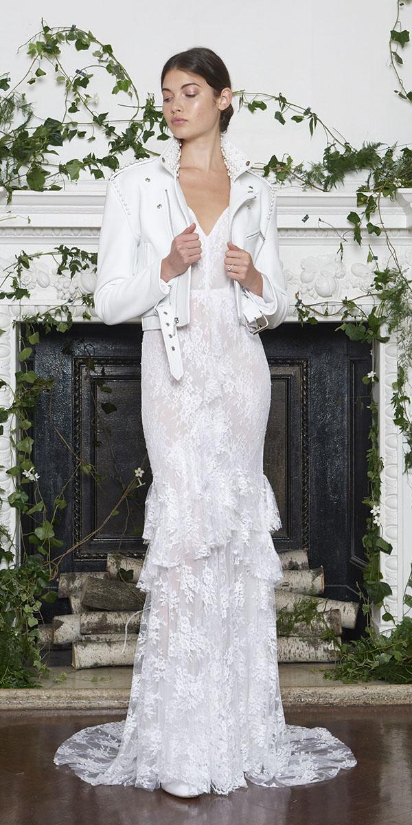 monique lhuillier wedding dresses 2018 sheath with jacket ruffled skirt lace