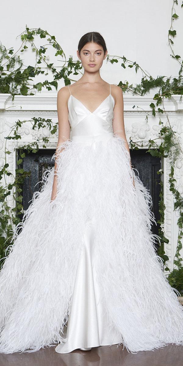 monique lhuillier wedding dresses 2018 with spaghetti straps feather accents