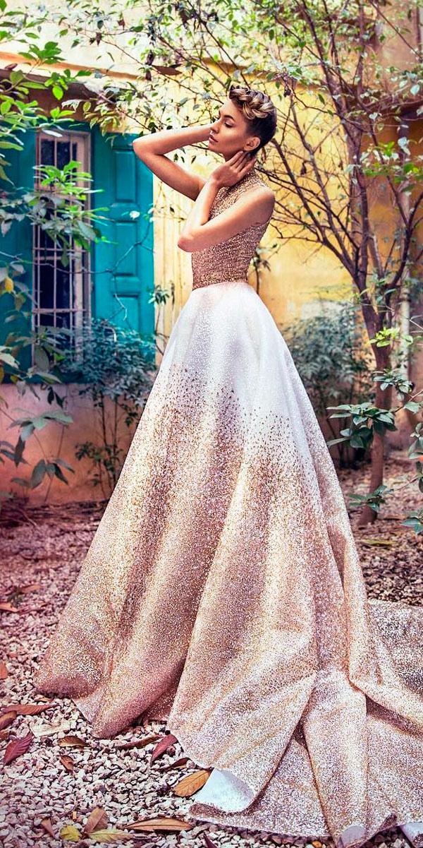 princess wedding dresses gold a line sleeveless bling high neckline kachmarreem
