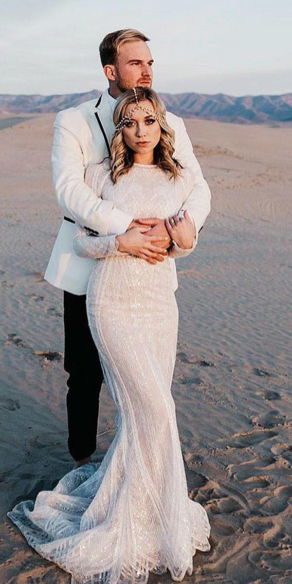 simple wedding dresses with sleeves sheath jewel neckline sequin lace embellishment yolan cris