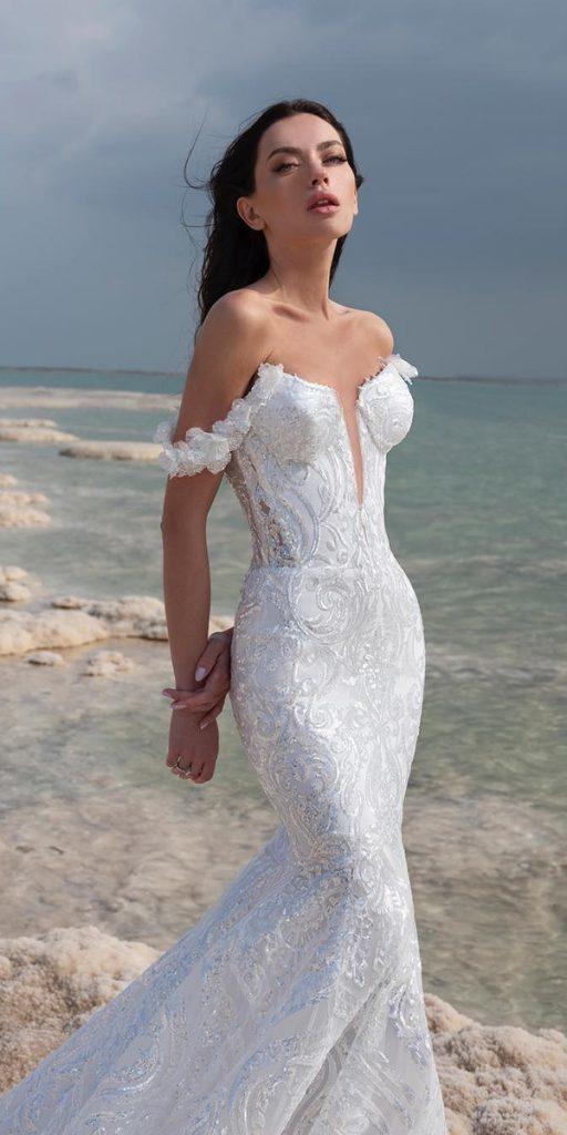 sweetheart mermaid wedding dresses off the shoulder deep v neckline lace pninatornai