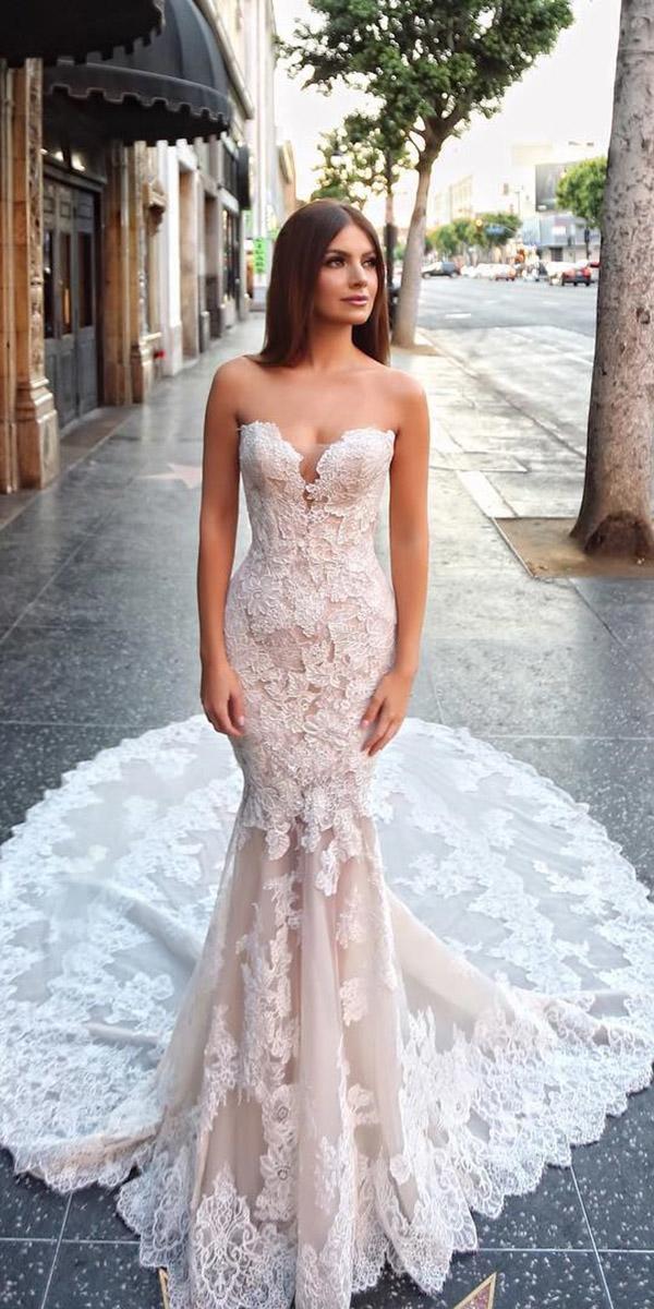 sweetheart mermaid wedding dresses strapless lace floral with train blush enzoani