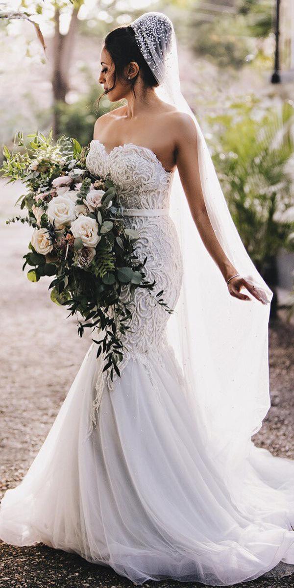 sweetheart mermaid wedding dresses strapless unique lace tulle skirt hannah kong