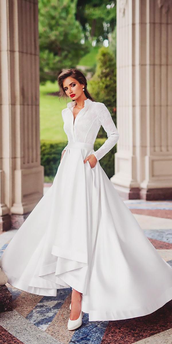 tea length wedding dresses a line v neckline long sleeves lace ariamo