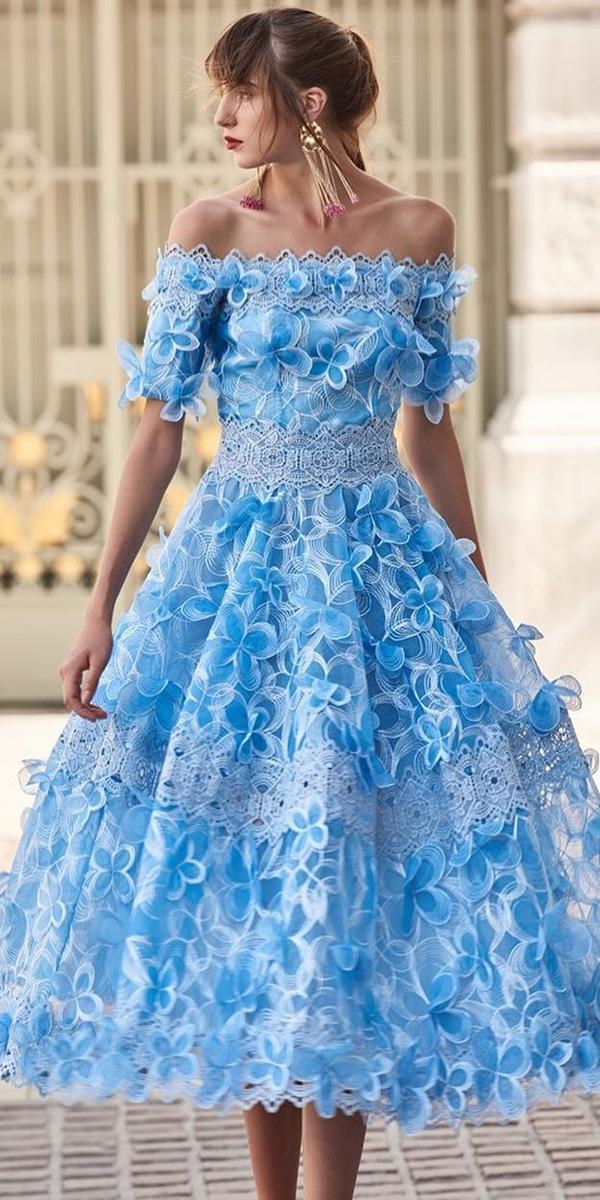 tea length wedding dresses modern off the shoulder with 3d floral blue christos costarellos