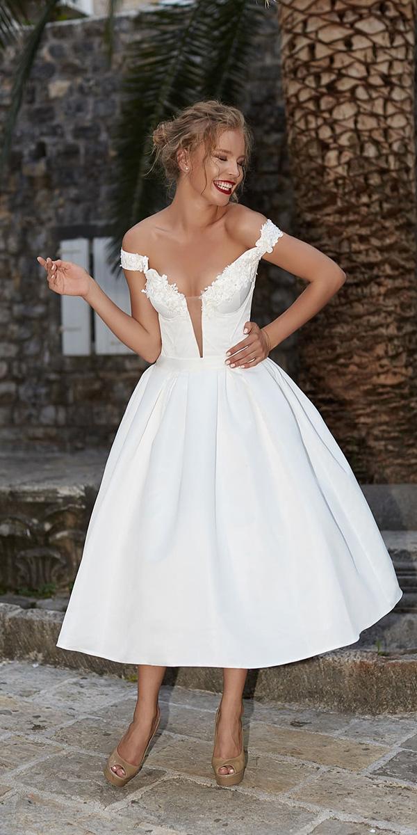 tea length wedding dresses off the shoulder deep v neckline armonia