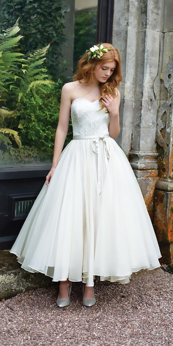 tea-length-wedding-dresses-strapless-sweetheart-neckline-lace-modern ...