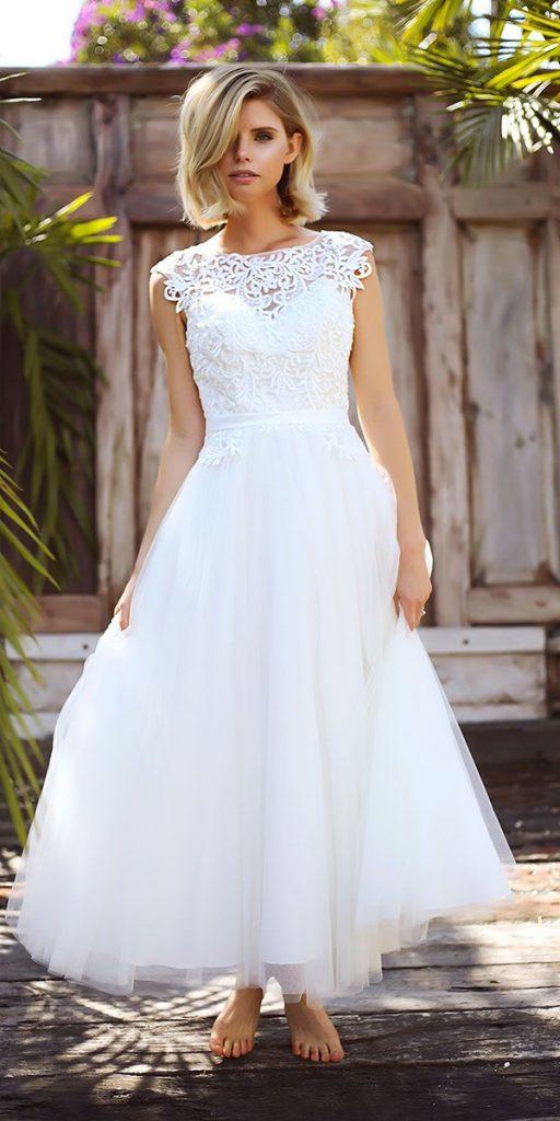  tea length wedding dresses white lace top with cap sleeves madi lane bridal