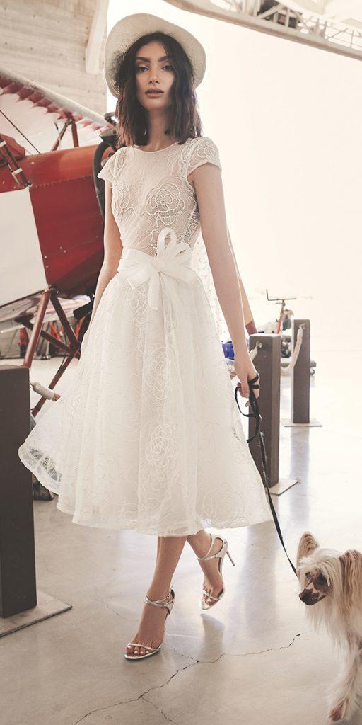tea length wedding dresses with cap sleeves bow solo merav