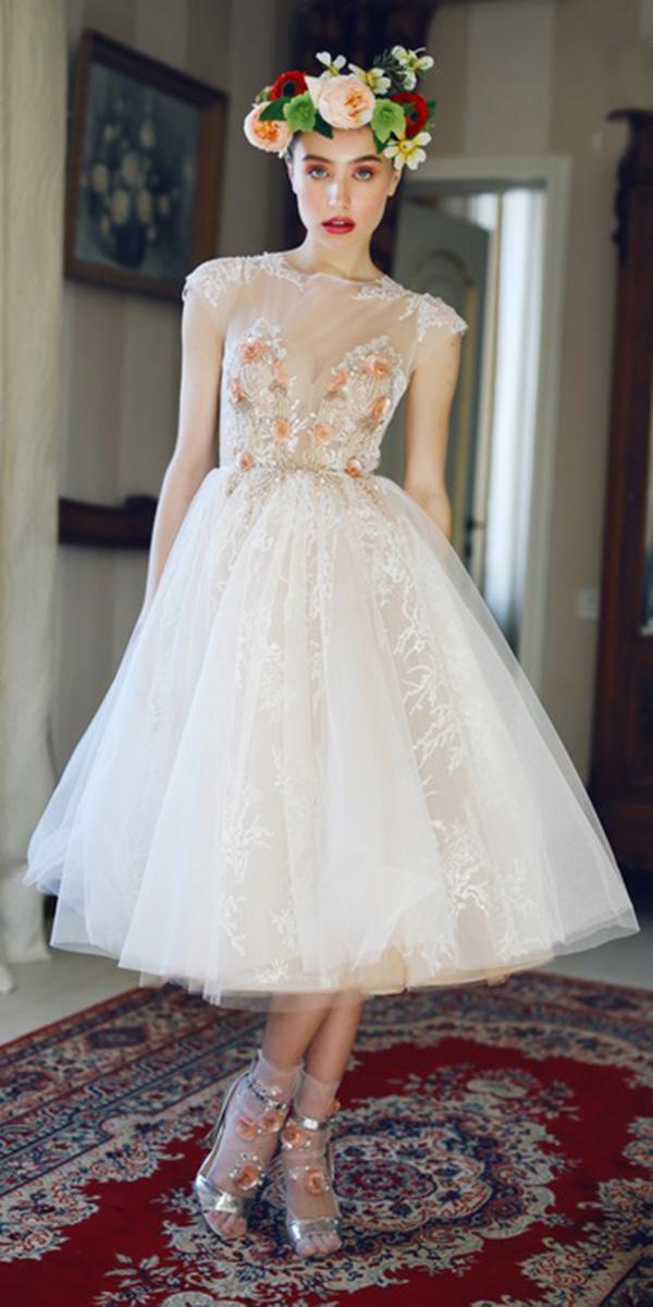 tea length wedding dresses with cap sleeves nude neckline ange etoiles