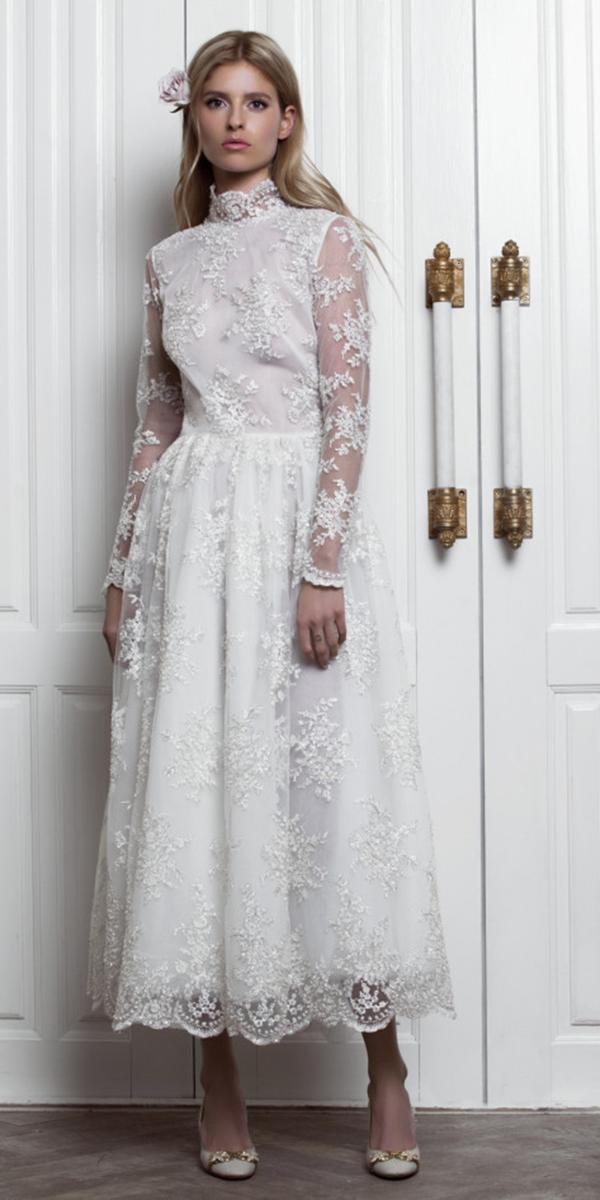 tea length wedding dresses with long sleeves hig neck lace yulia prokhorova