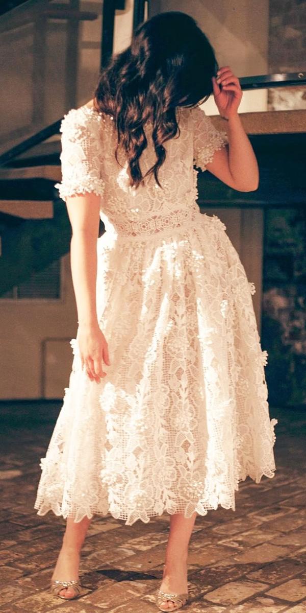 tea length wedding dresses with sleeves full floral lace christos costarellos