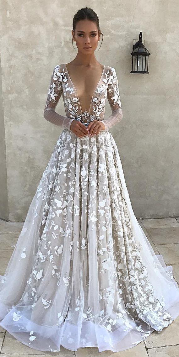 top wedding dresses a line with long illusion sleeves deep v neckline floral appliques berta