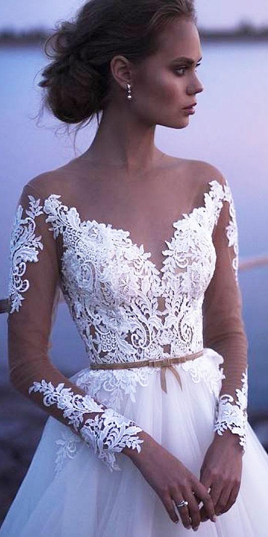 top wedding dresses with long illusion sleeves nude sweetheart lace embellishment versal