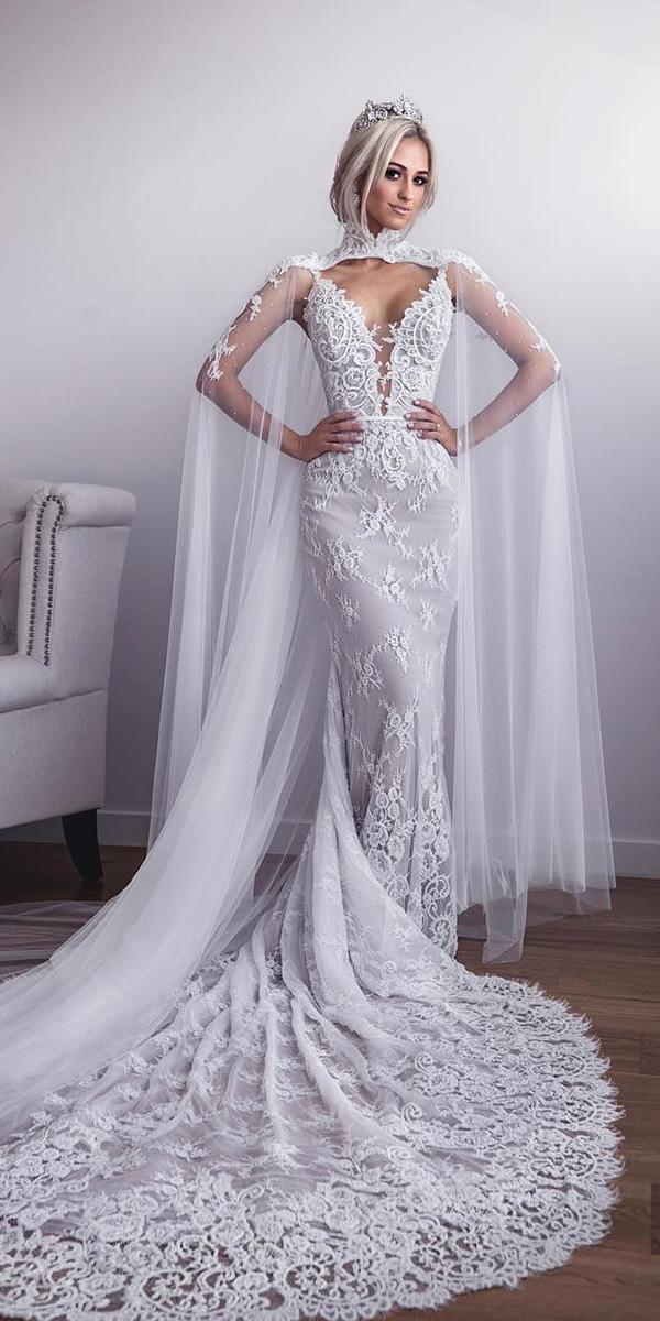 trumpet wedding dresses deep v neckline with cape lace long train george elsissa