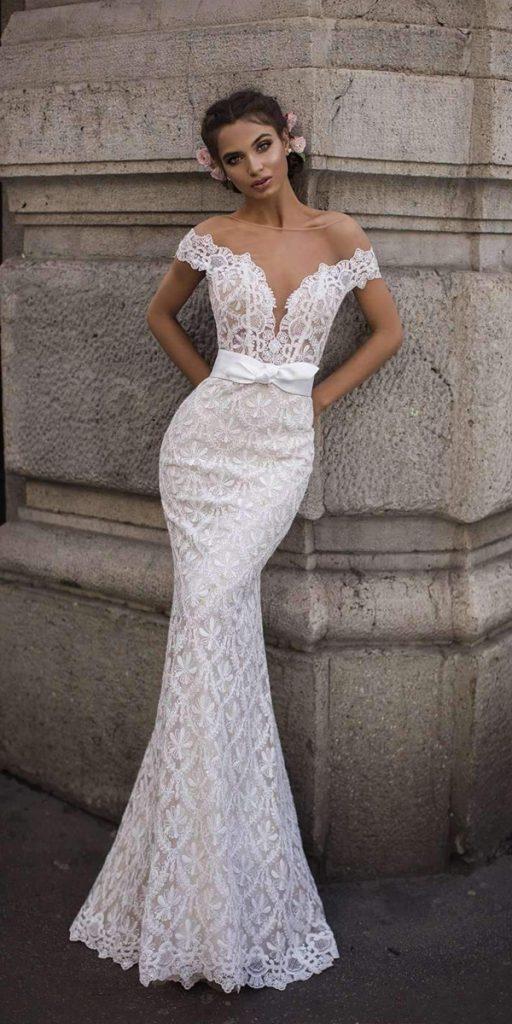  trumpet wedding dresses illusion neckline lace floral tarik ediz