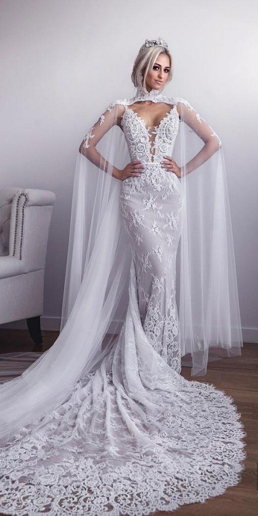  trumpet wedding dresses plunging neckline full lace with cape train georgeelsissa