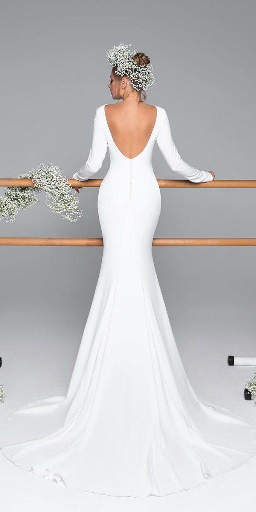  trumpet wedding dresses simple with long sleeves v back evalendel
