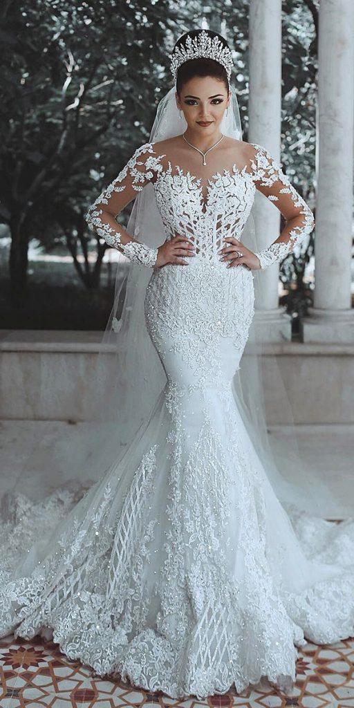trumpet wedding dresses with long sleeves illusion necklne lace luxury said mhamad