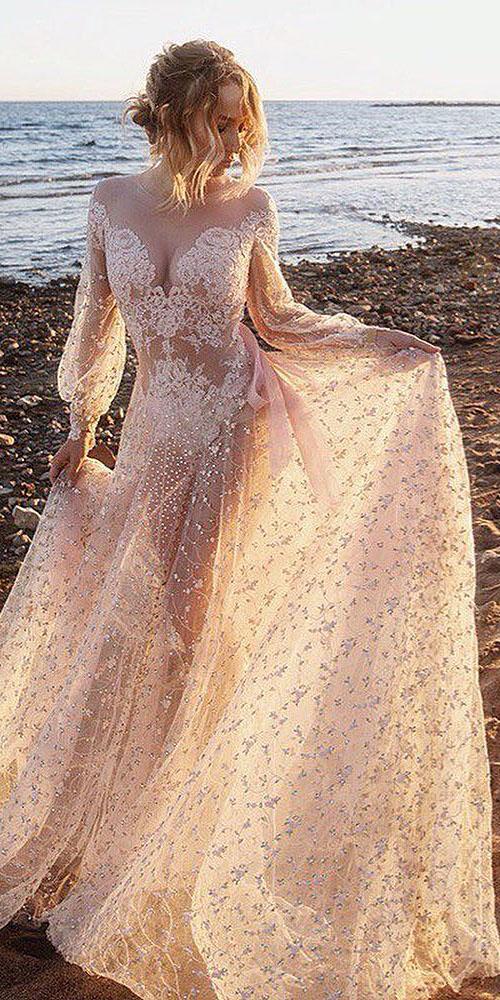 unique lace wedding dresses sheath with long sleeves flowing skirt malyarova olga