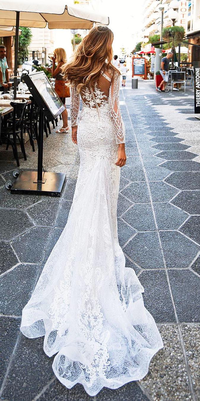 unique lace wedding dresses sheath with long sleeves illusion backless milla nova