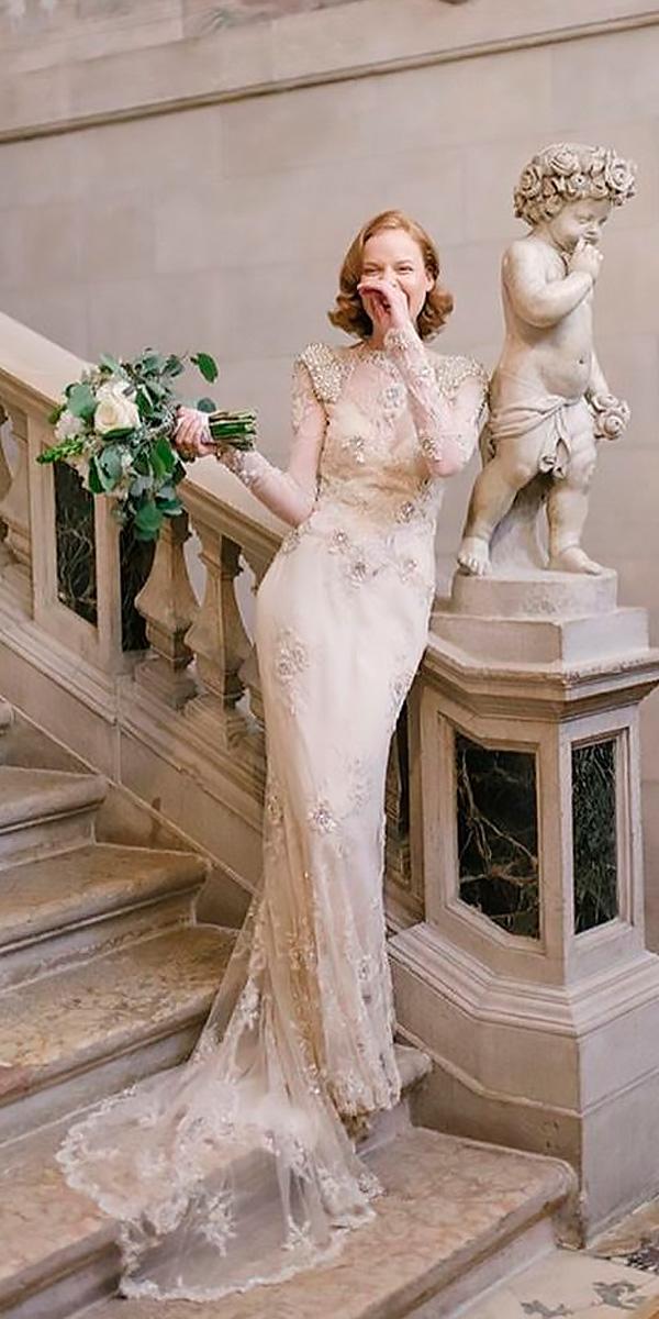 vintage wedding dresses 1920s embroidered sheath cap sleeves yolan cris