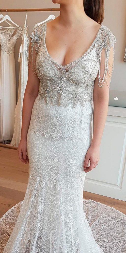 vintage wedding dresses 1920s lace heavily embroidered bodice caps sleeves scoop neckline anna campbell bridal