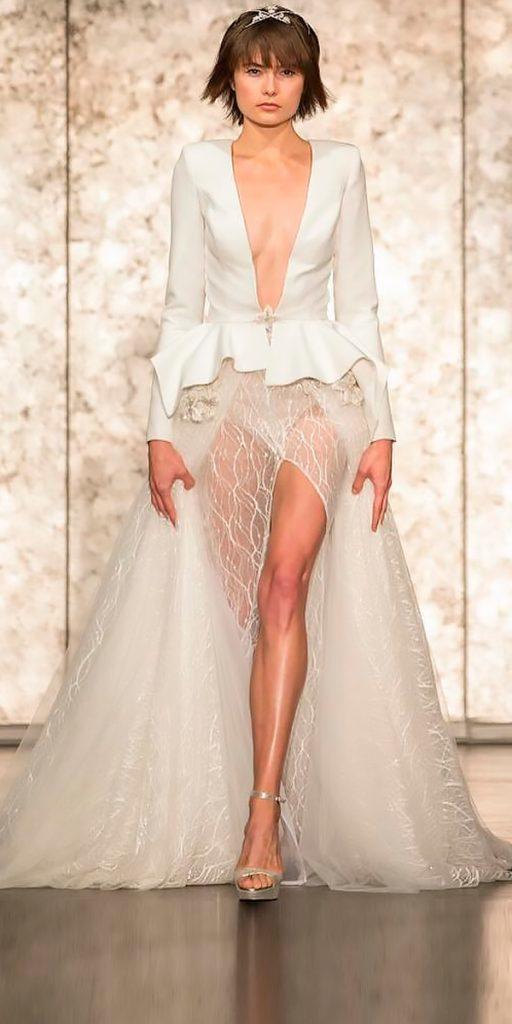 wedding dresses fall 2018 a line with jackets with plunging v neckline high slit long sleeves inbal dror