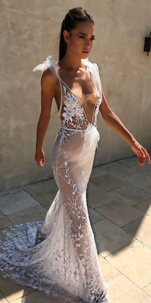 wedding dresses fall 2018 floral lace sheath deep plunging v neckline with shoulder bows berta