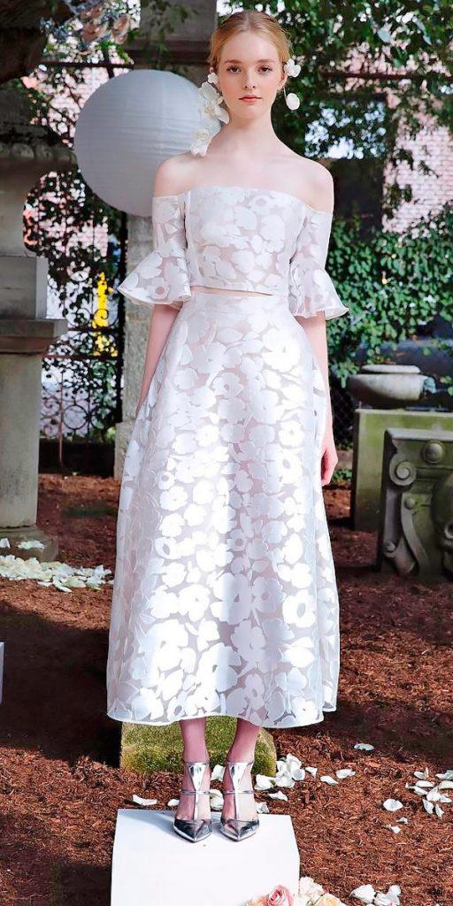 wedding dresses fall 2018 lace floral mid length strapless with detached sleeves lela rose