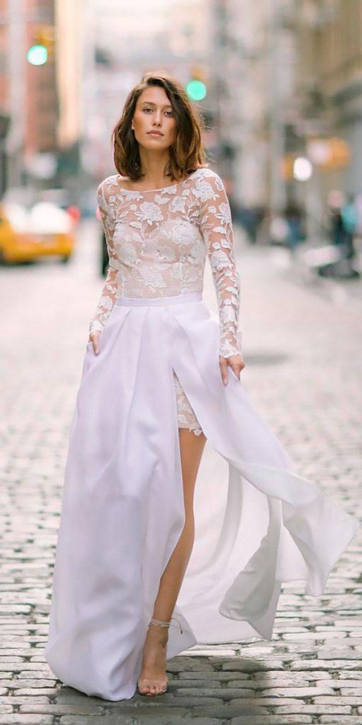 wedding dresses fall 2018 mini high low lace illusion long sleeves rime arodaky