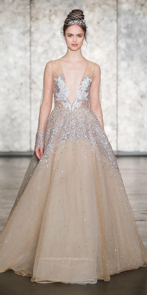 wedding dresses fall 2018 nude sparkle a line long sleeves plunging v neckline inbal dror
