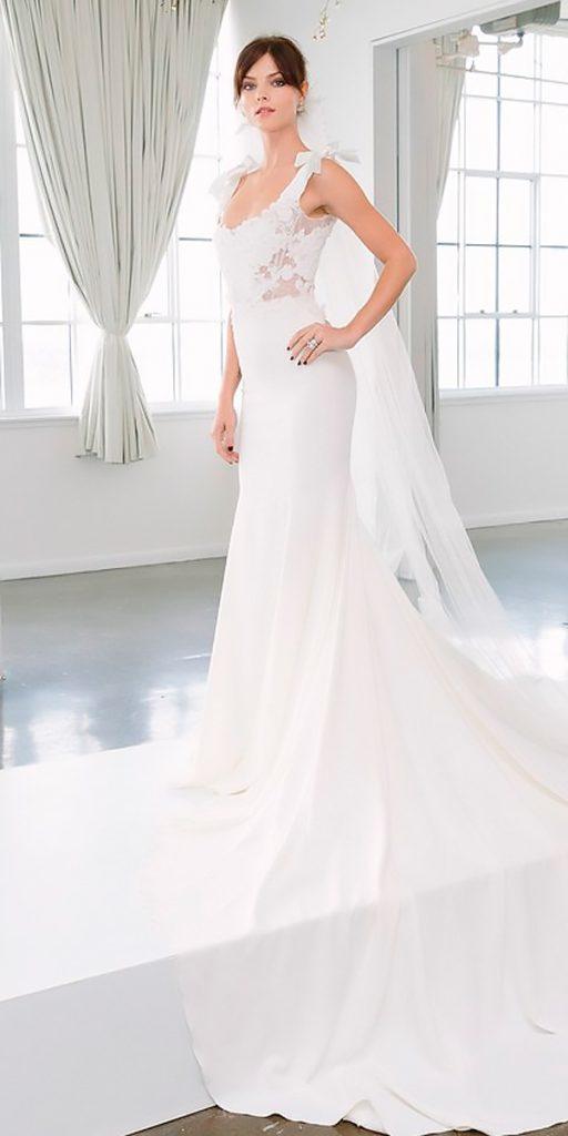 wedding dresses fall 2018 simple fit and flare lace with shoulder bows marchesa