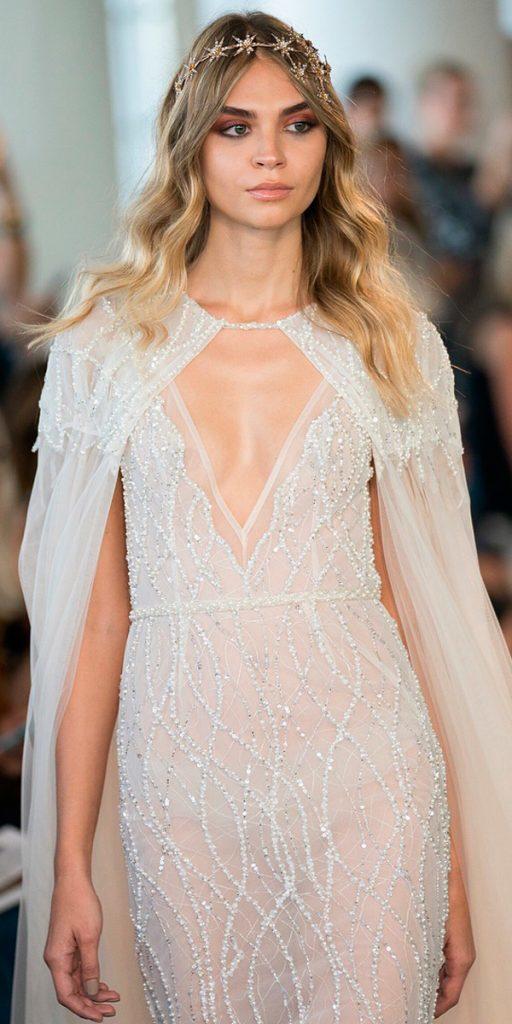 wedding dresses fall sheath ivory v neckline with princess capes 2018 berta