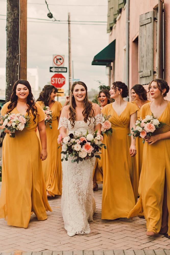 yellow bridesmaid dresses long v neckline with cap sleeves mustard cody allison photography