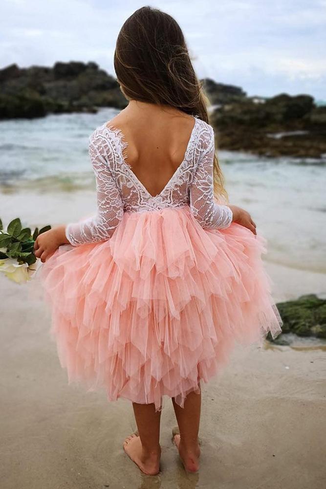 country flower girl dresses lace top v back with sleeves ruffled skirt pink arabella and rose