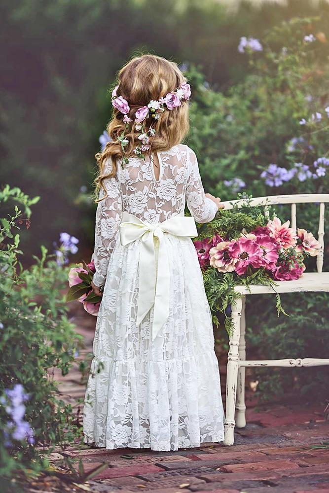 country flower girl dresses with long sleeves full lace embellishment bow old classic photography