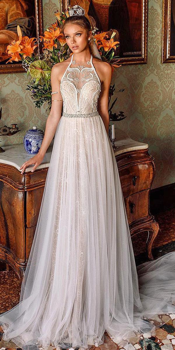 julie vino wedding dresses 2018 a line halter neck beaded lace embellishment