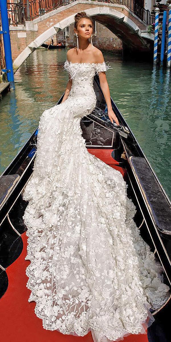 julie vino wedding dresses 2018 off the shoulder 3d floral feather accents